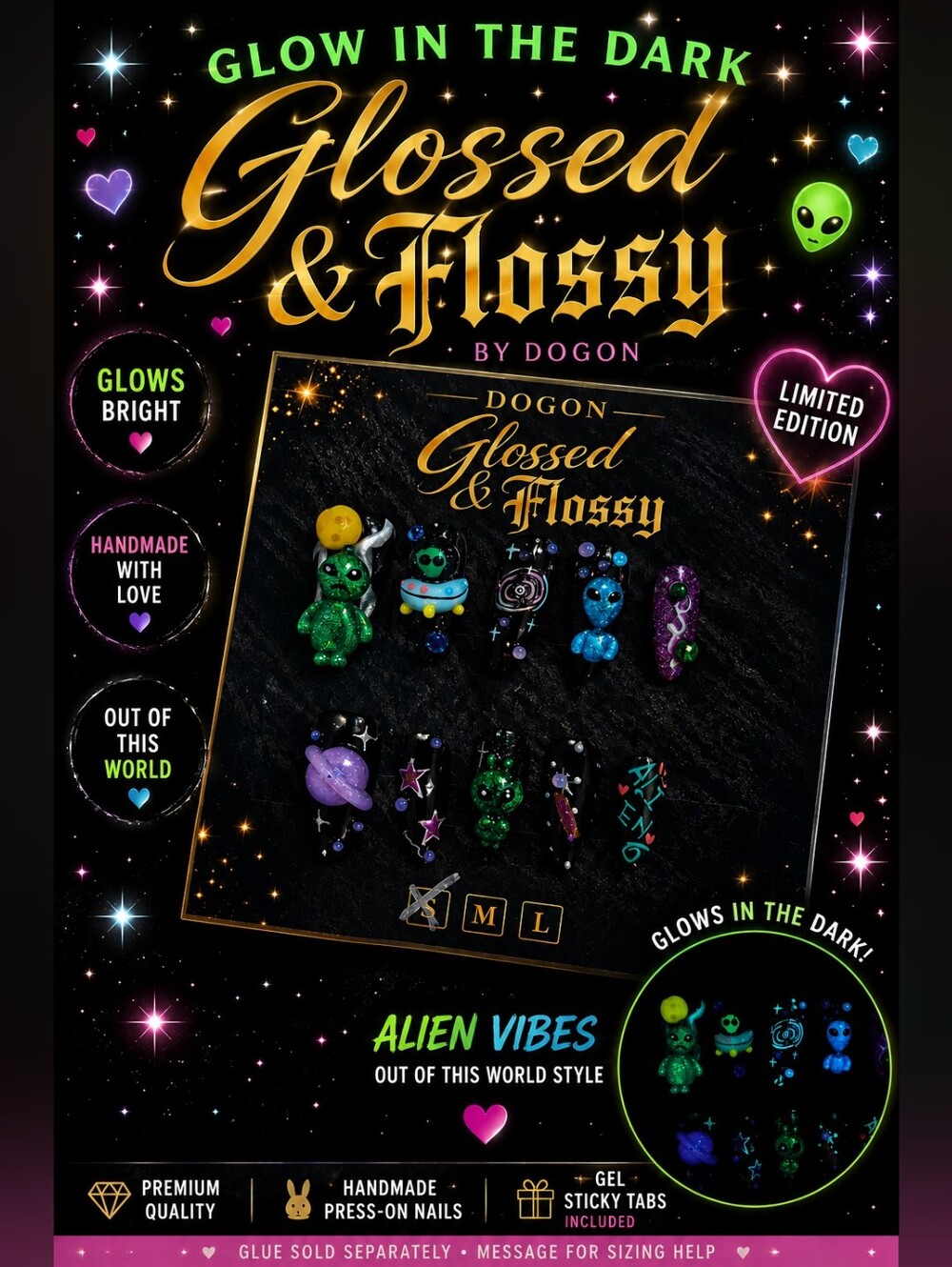 👽 Glow in the Dark Alien Press-On Nails | Handmade 3D Space Nails